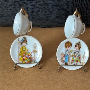 Miniature Tea Cup/Plate sets on stands stamped 1976 ROTH JAPAN (2 sets)